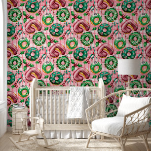 Papier Peint Donuts de Noël roses rétro Pink Tartan Plaid