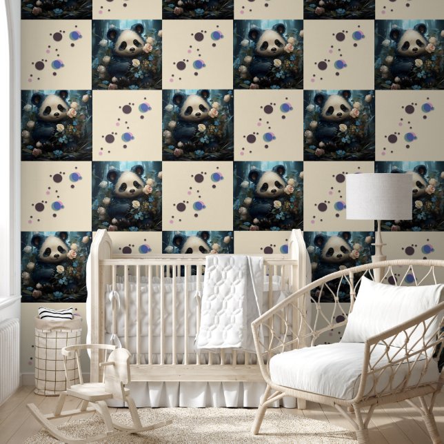 Papier Peint Doux Ours De Panda Chez Les Roses De La Jungle (Enfants)