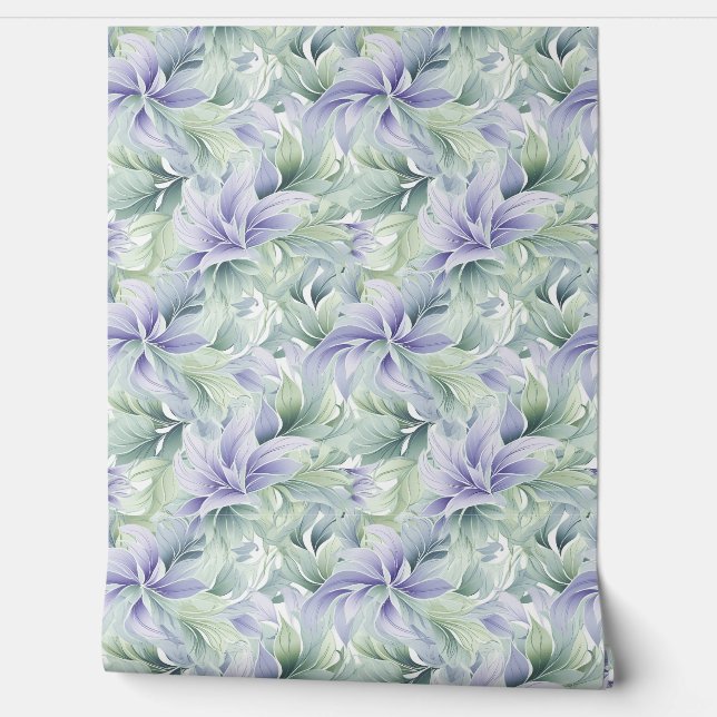Papier Peint Doux pastel violet et sauge vert feuille chic (Déroulement)