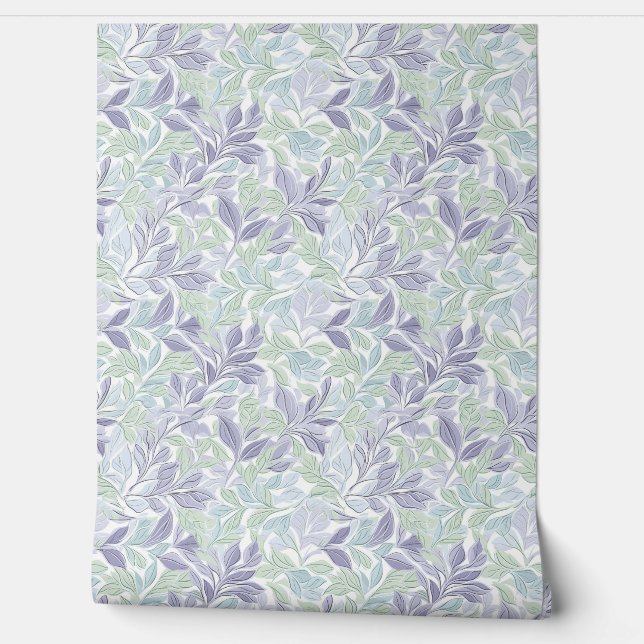 Papier Peint Doux pastel violet et sauge vert feuille chic (Déroulement)