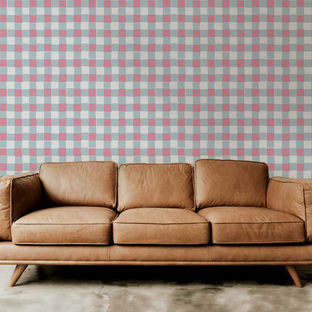 Papier Peint Doux rose et bleu à main À damiers plaid (Sweet pink and blue hand-drawn checkered plaid modern peel and stick wallpaper.)