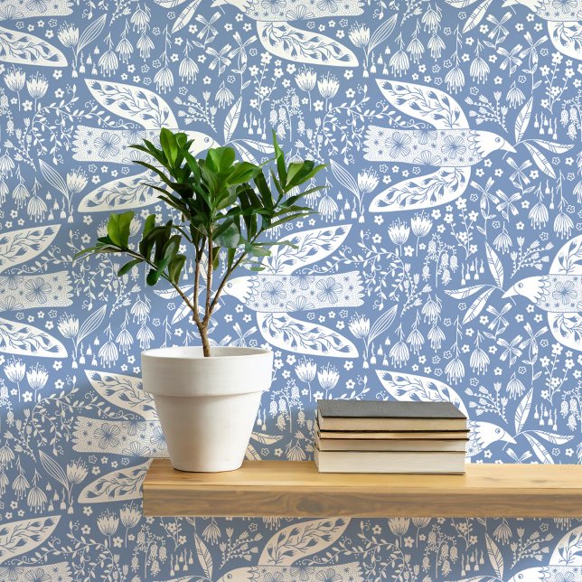Papier Peint Doves et fleurs blanc sur Dusty Blue Bird Art (Doves and flowers botanical folk art style peel and stick wallpaper)