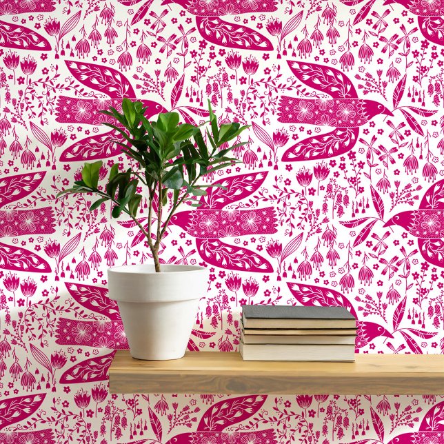 Papier Peint Doves et fleurs Magenta Rose et blanc Oiseau Art (Doves and flowers bird art peel and stick wallpaper)