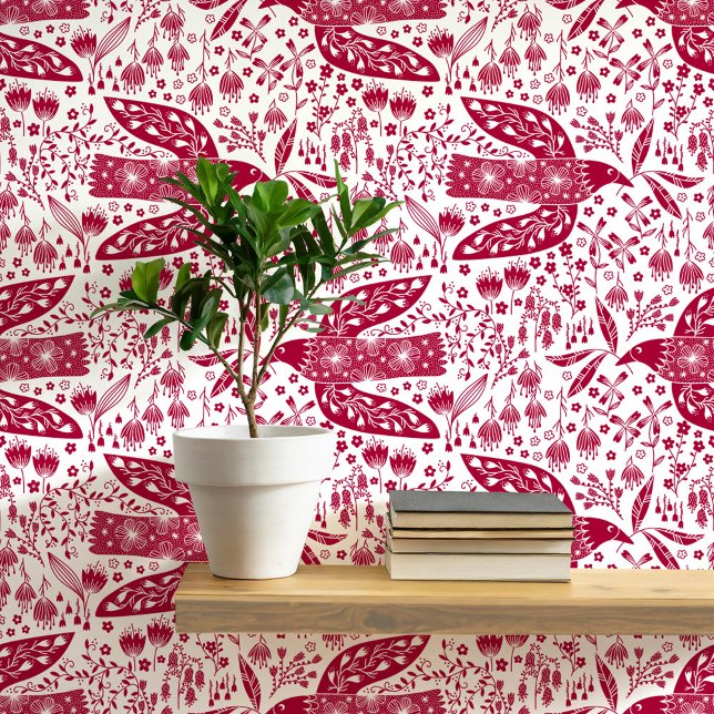 Papier Peint Doves et Fleurs Oiseaux rouges et blancs (Doves and flowers bird art peel and stick wallpaper)