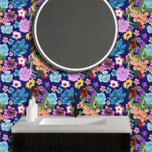 Papier Peint Dragon Chinois Vert Mystique Floral Bleu Marine