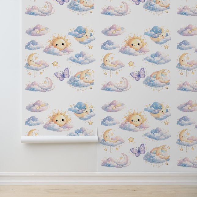 Papier Peint Dreamy Moon & Sun Pastel Clouds Nursery Baby Room (Application)