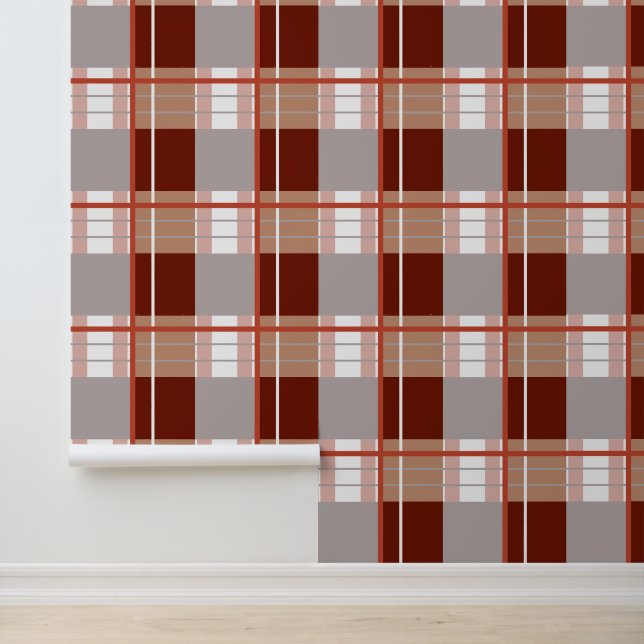 Papier Peint Effet Plaid, rouge brun terreux, gris et blanc (Application)