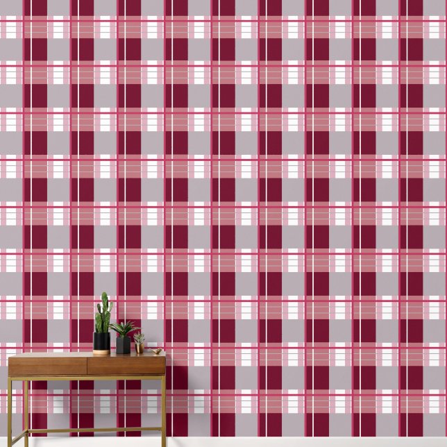 Papier Peint Effet plaid rouge chaud gris et blanc (Couloir)