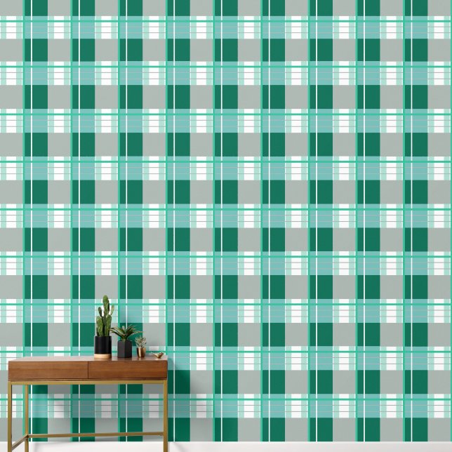 Papier Peint Effet plaid vert frais, turquoise, gris et blanc (Couloir)