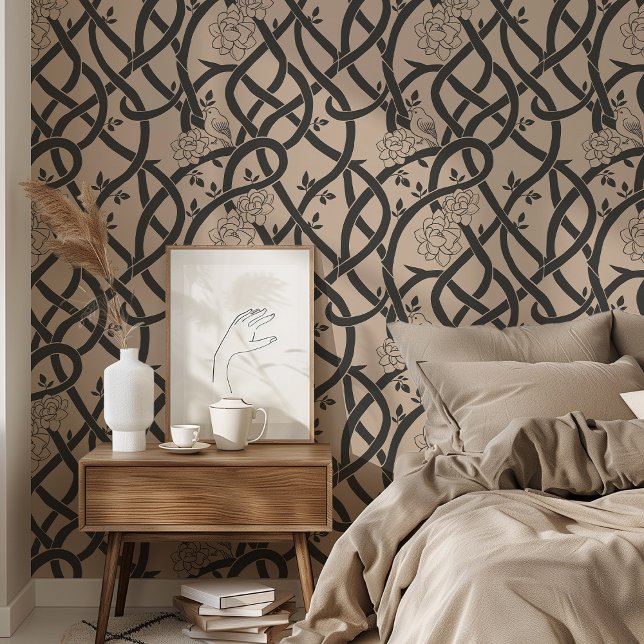 Papier Peint Élégance enmêlée : Oiseau floral noir et beige (Créateur téléchargé)