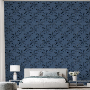 Papier Peint Elégant Abstrait Floral Line Art sur Marble Blue