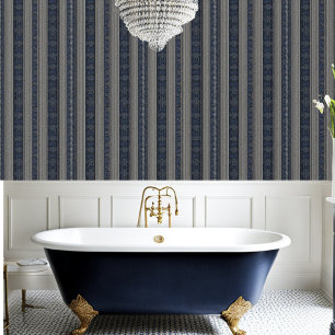 Papier Peint Élégant Argent et Saphire Peel et Bâton rayé