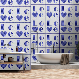 Papier Peint Élégant bleu À damiers coeur d'amour Motif carrelé