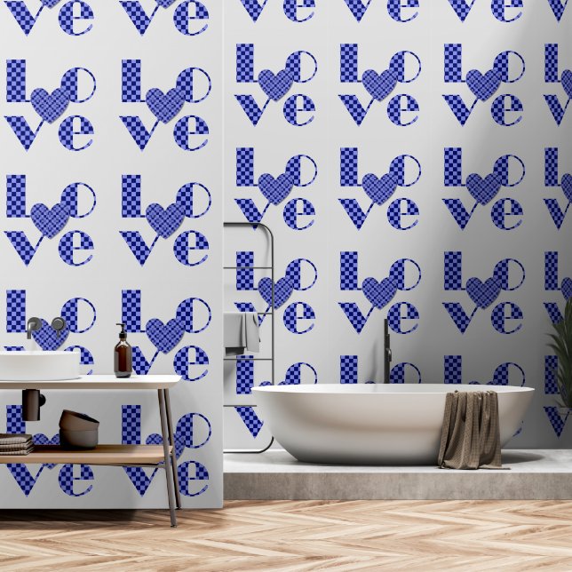 Papier Peint Elégant Bleu À damiers Coeur et Amour Typographie  (Salle de bain)