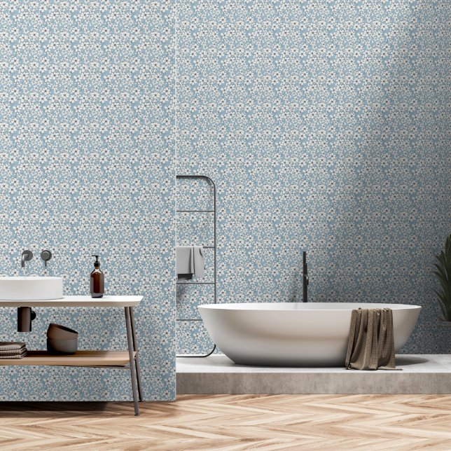 Papier Peint Elégant bleu et blanc floral (Salle de bain)