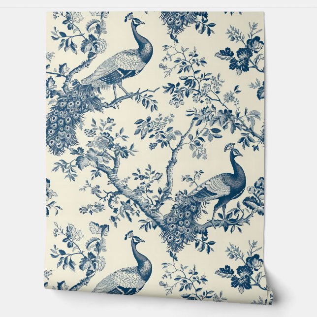 Papier Peint Elégant bleu Vintage Chinoiserie Peacock (Déroulement)