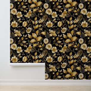 Papier Peint Élégant carrelage floral noir doré