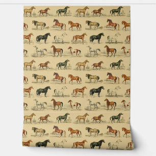 Papier Peint Élégant Cheval Vintage se reproduit Motif sur Beig