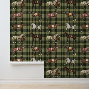 Papier Peint Élégant Chevaux Vintages à selle Brown Vert Plaid