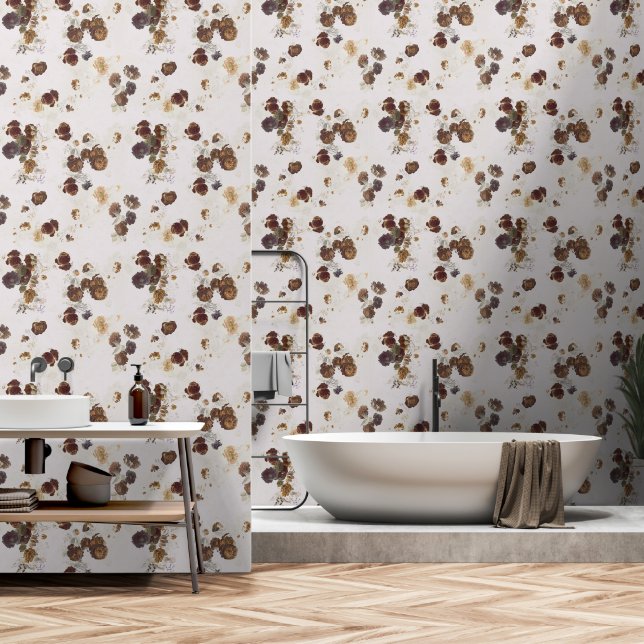 Papier Peint Elégant chic Beige Brown Rose Floral Toile (Salle de bain)