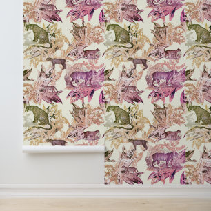 Papier Peint Élégant Chic Vintage Toile rose Far Cats Jungle
