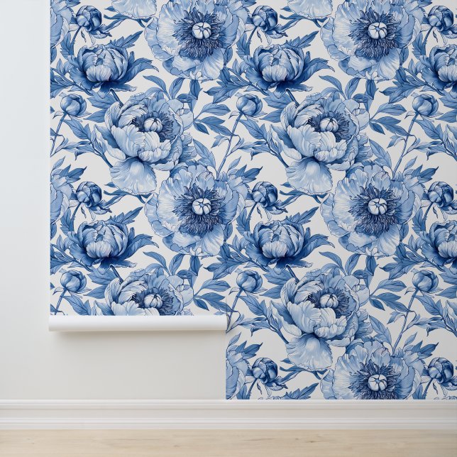 Papier Peint Elegant  Chinoiserie Blue and White Floral Pattern (Application)