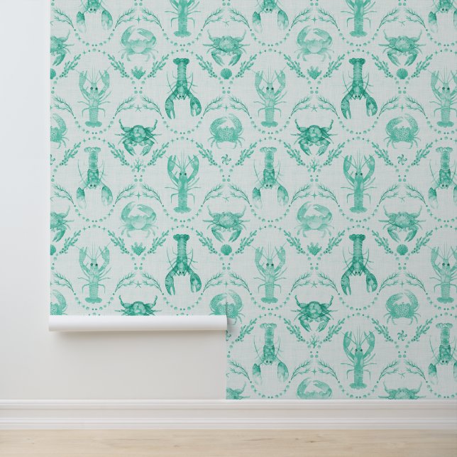 Papier Peint Elegant Coastal Lobster and Crabs in Mint Green (Application)