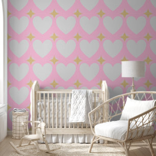 Papier Peint Elégant Coeurs Argent Étoiles Gris Or Pastel Rose