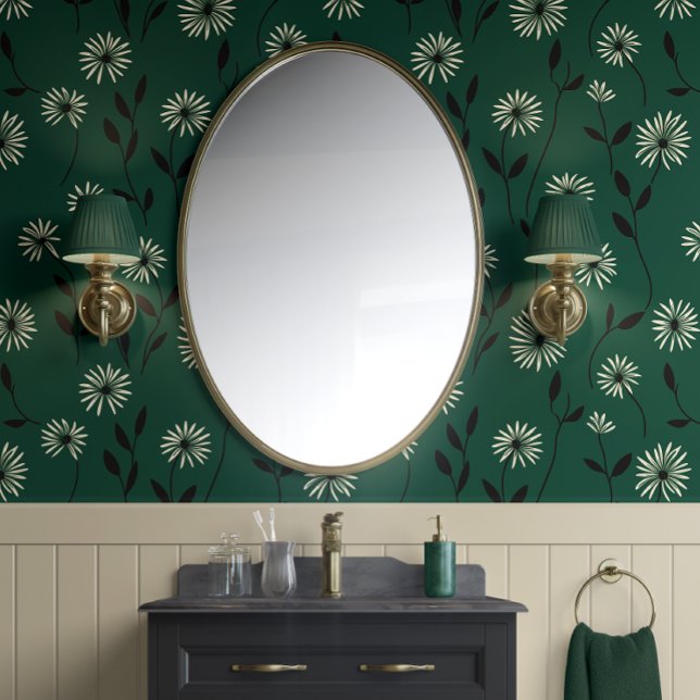 Papier Peint Elégant Daisy Meadow Forest Green & Ivory - Modern (Elegant Daisy Meadow - Forest Green and Ivory - Modern Peel and Stick Wallpaper)