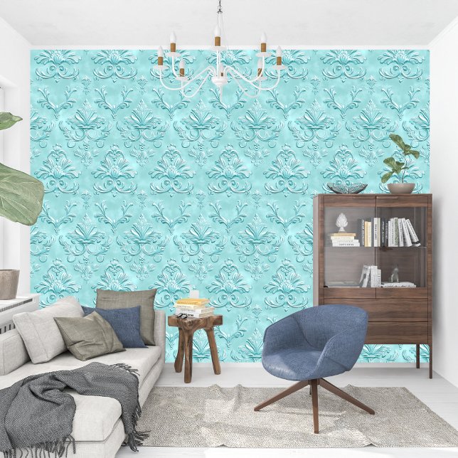 Papier Peint Elégant Damask Turquoise Baroque (Elegant Damask Turquoise Baroque Wallpaper)