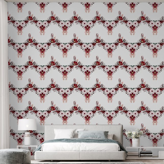 Papier Peint Élégant Floral Rouge Rose Blanc (Chambre à coucher)