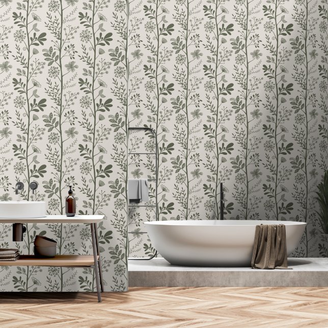 Papier Peint Elegant Garden Reverie Olive Green Botanical (Salle de bain)