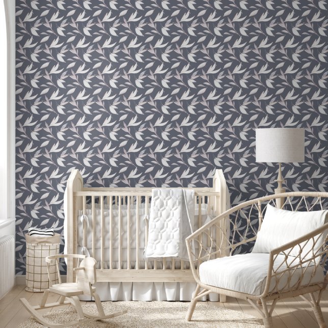 Papier Peint Élégant Gris Feuilleté Moderne Botanique (Enfants)