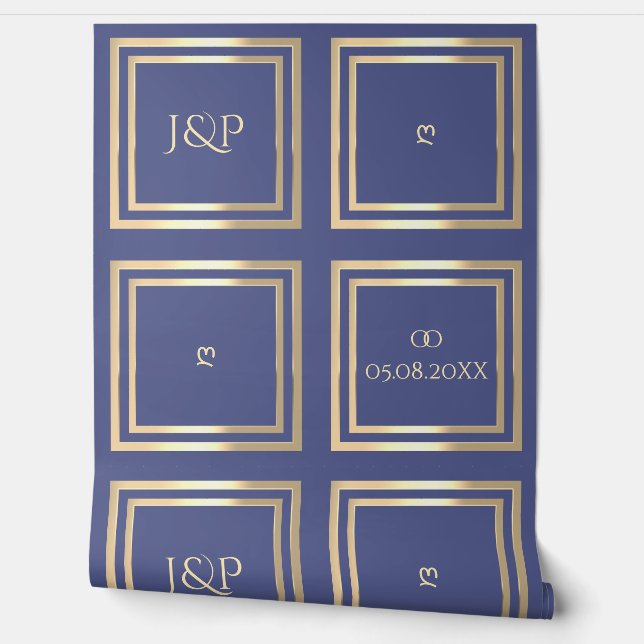 Papier Peint Élégant mariage de fond monogramme or bleu (Déroulement)