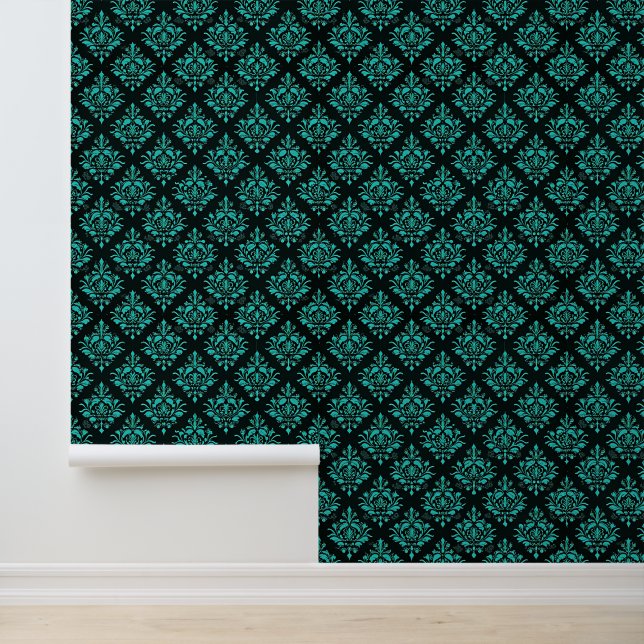 Papier Peint Elégant modèle de Damas Turquoise sur noir (Application)