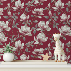 Papier Peint Élégant modèle floral de Magnolia bordeaux