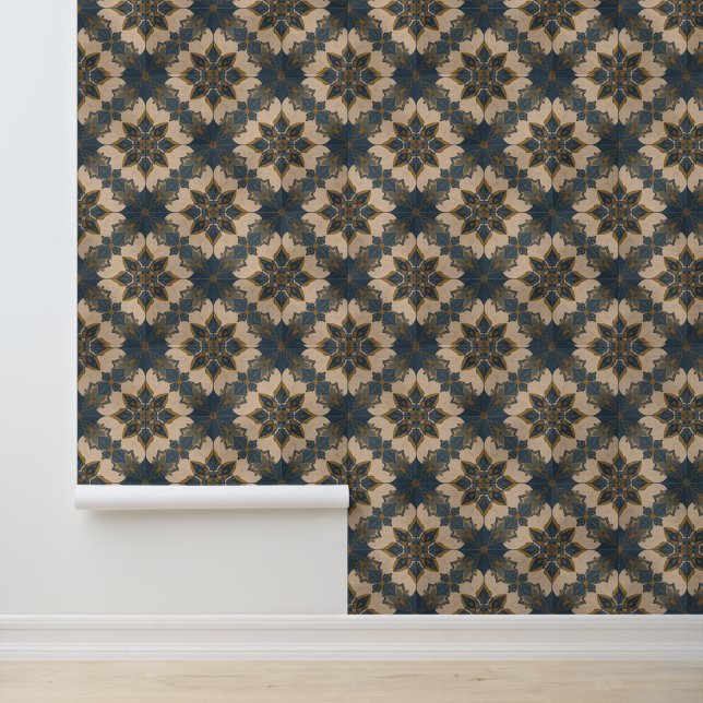 Papier Peint Élégant modèle floral orné bleu et or (Application)