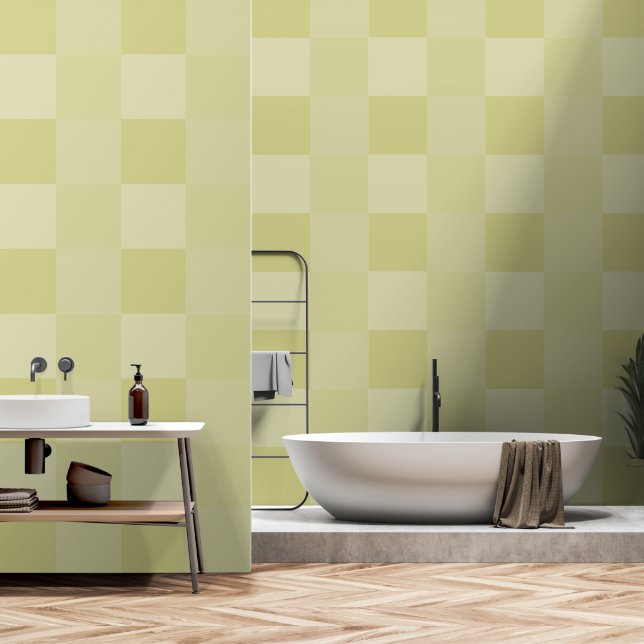 Papier Peint Élégant moderne Jaune Mist Vert Mist Carrés géomét (Salle de bain)