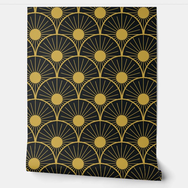 Papier Peint Elégant Motif Art Déco Gold Sun sur Noir (Déroulement)
