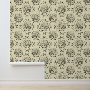 Papier Peint Élégant Motif de Bow Hydrangea Beige Vintage
