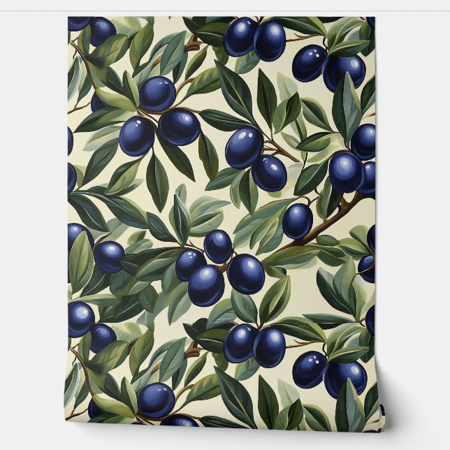 Papier Peint Élégant Motif de branche d'olivier avec des olives (Déroulement)