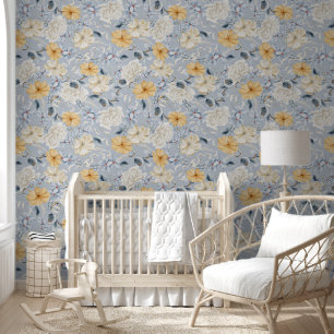 Papier Peint Élégant motif floral bleu jaune/blanc, bleu clair