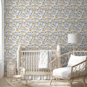 Papier Peint Elégant motif floral bleu jaune et blanc