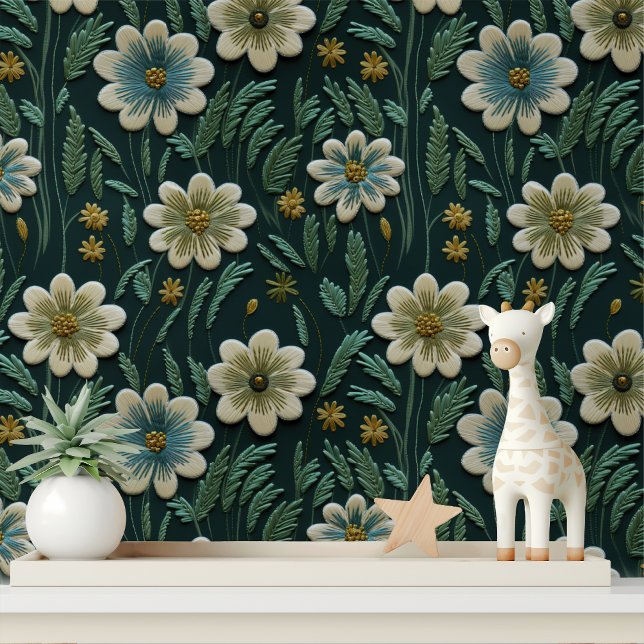 Papier Peint Élégant motif floral vert brodé (Créateur téléchargé)