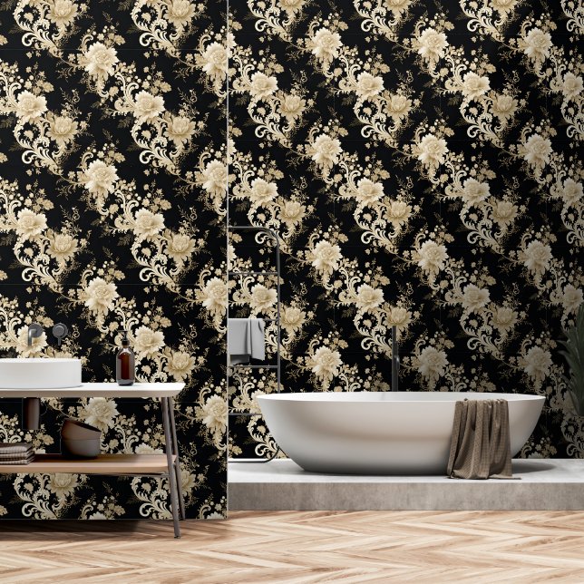 Papier Peint Élégant motif floral victorien noir (Salle de bain)