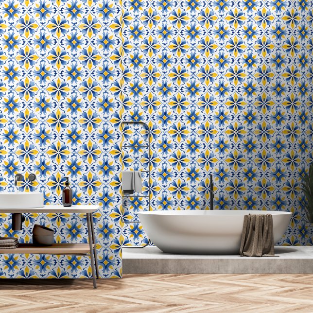 Papier Peint Elégant Motif méditerranéen bleu jaune (Salle de bain)