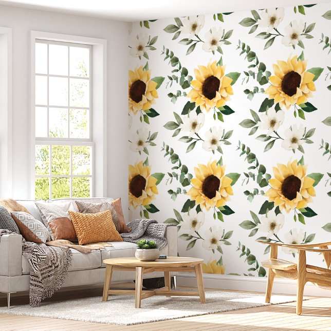 Papier Peint Elégant Pays Aquarelle Tournesols Botanique (Elegant Country Watercolor Sunflowers Botanical Wallpaper)