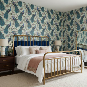 Papier Peint Elégant Peacocks et Fleurs Magnolia Sage Green