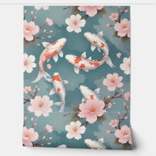 Papier Peint Elégant poisson koi nage parmi les fleurs de ceris