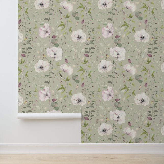 Papier Peint Élégant Poppies blanches Motif Floral Mist Vert (Application)